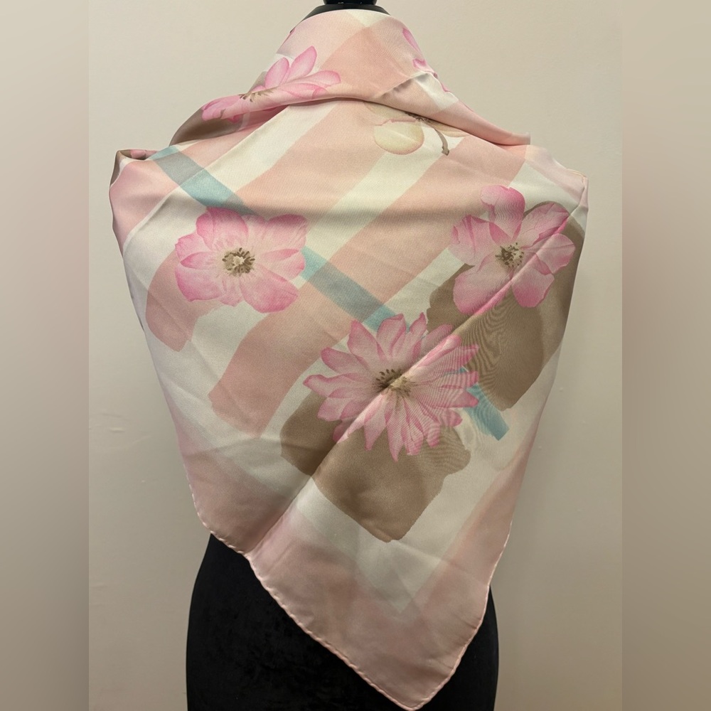 Burberry Pink Floral Silk Scarf with Cream, Tan, Pink and Blue Accents